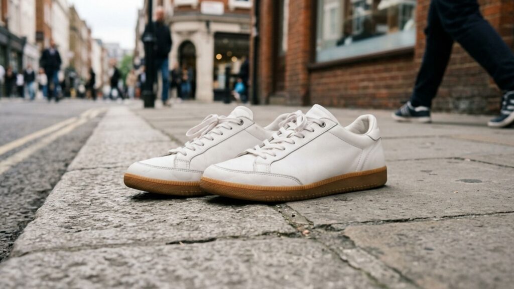 White leather retro trainers with gum soles
