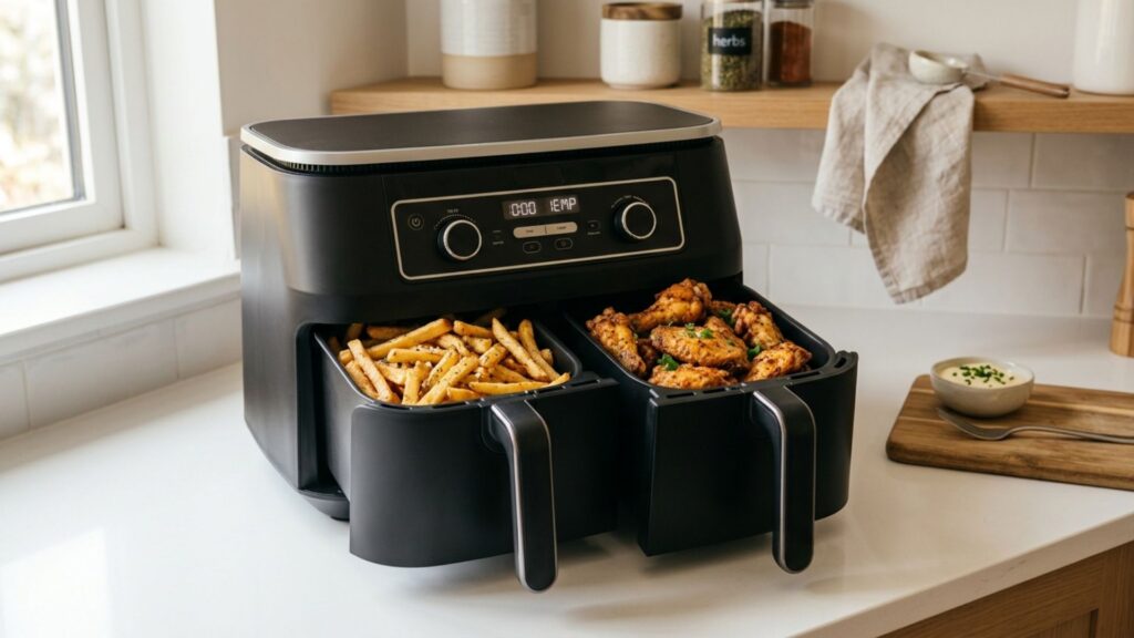 Dual basket air fryer with chips and chicken wings