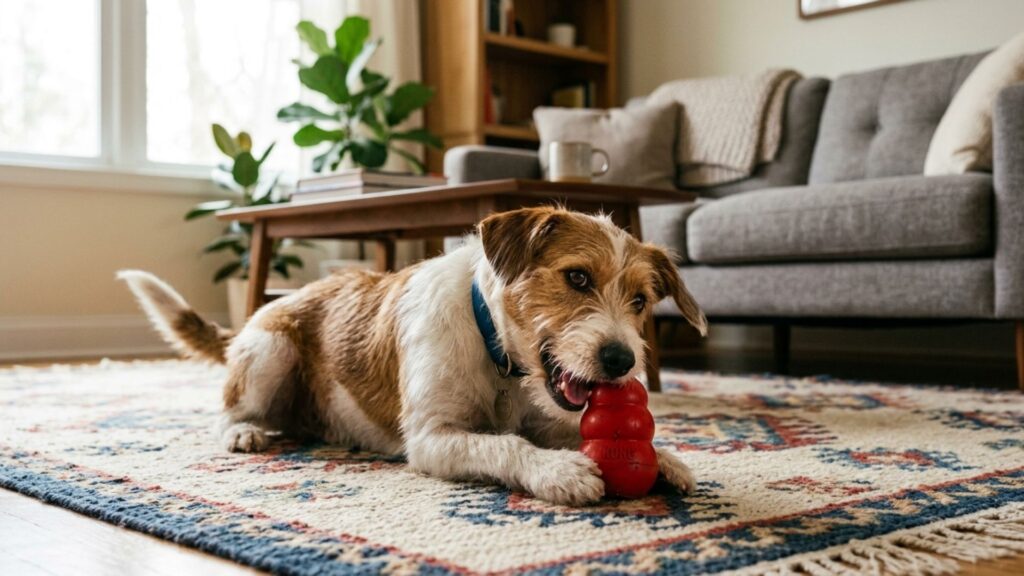Dog chewing a red rubber stuffable chew toy