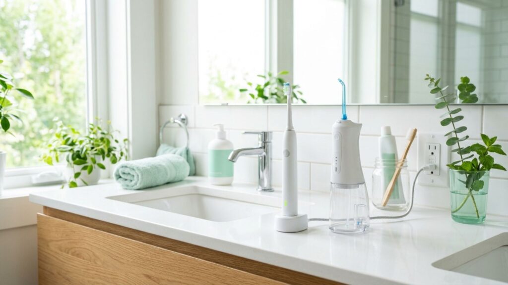 Electric toothbrush and water flosser by a bathroom sink
