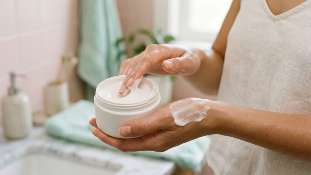 Hands applying a rich moisturising cream