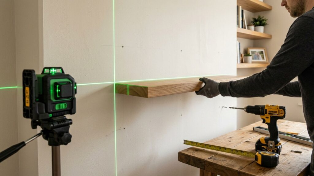 Floating shelves installed with a laser level and cordless drill