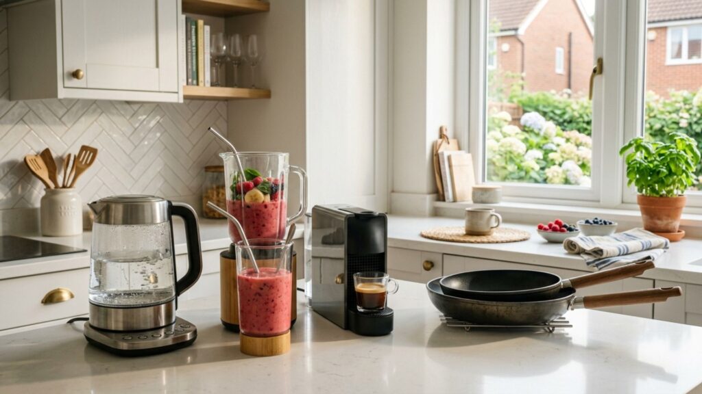 Kettle, blender, coffee machine and pans on a kitchen worktop