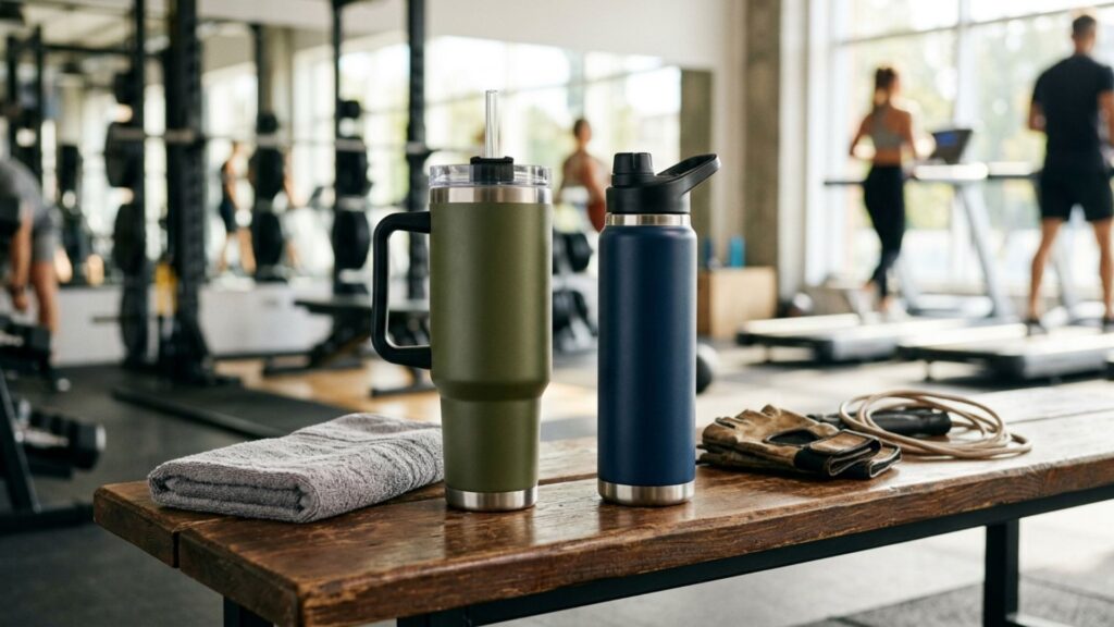 Two insulated water bottles on a gym bench