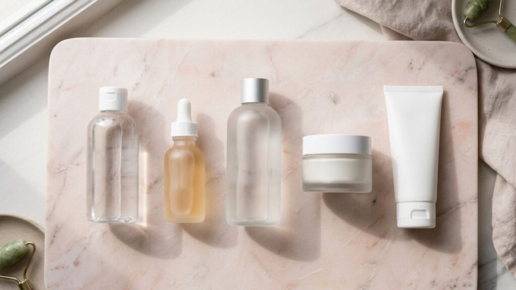 Five step skincare routine products on pink marble